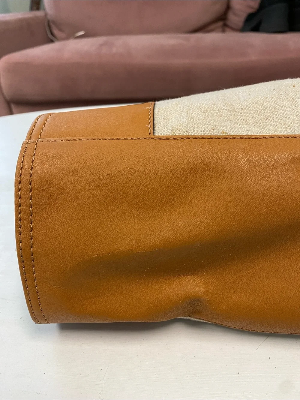 Tory Burch Canvas Tote with Tan Leather Trim and Embroidered Medallion